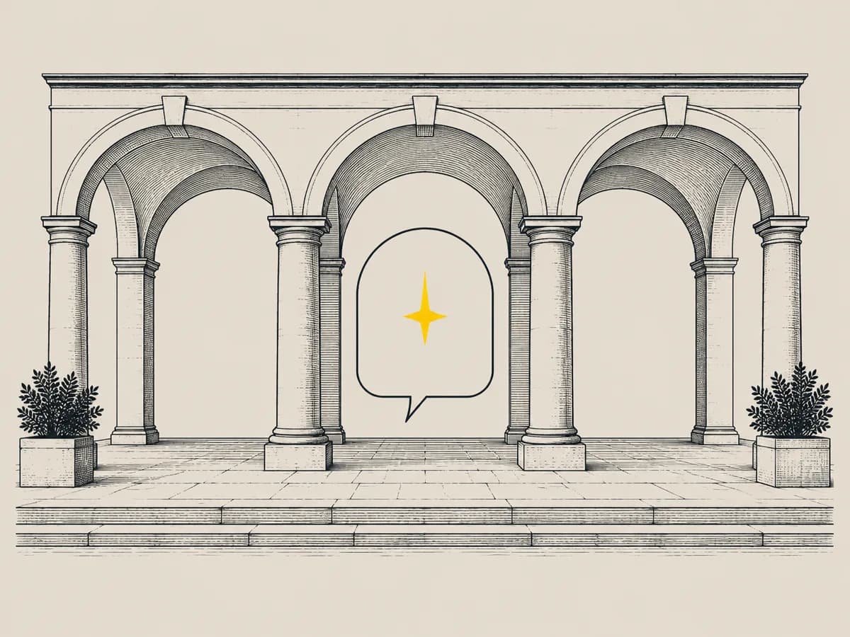 Un portico a tre arcate con, sotto l'arcata centrale, un balloncino di dialogo con la stella.
