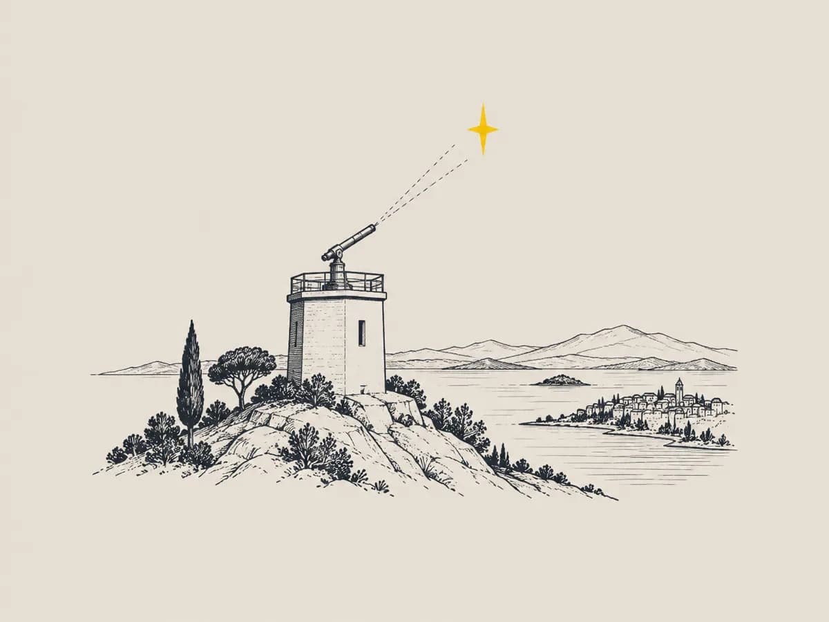 Una torre di avvistamento su un colle, con un cannocchiale puntato verso la stella all'orizzonte.