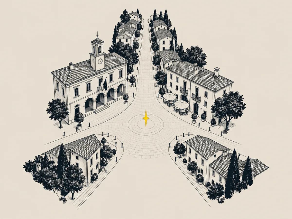 Una piazza vista dall'alto da cui partono tre strade; la stella sta all'incrocio.